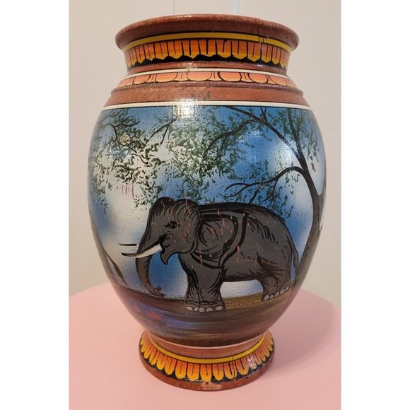 Marked Elephant Painted Wood Vase 11.5 Inch Multiple Elephants Red Yellow - Picture 4 of 16